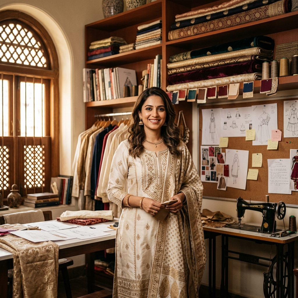 Eldora Atelier founder in her couture studio surrounded by fabric and design sketches